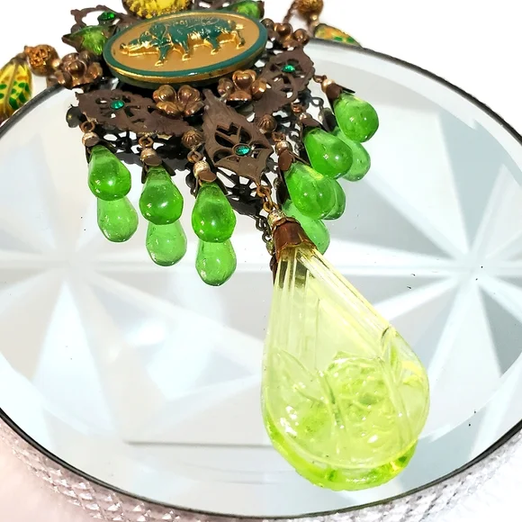 1 of a Kind Vintage CZECH Uranium Glass Boar Necklace 4 Luck - Picture 7 of 11